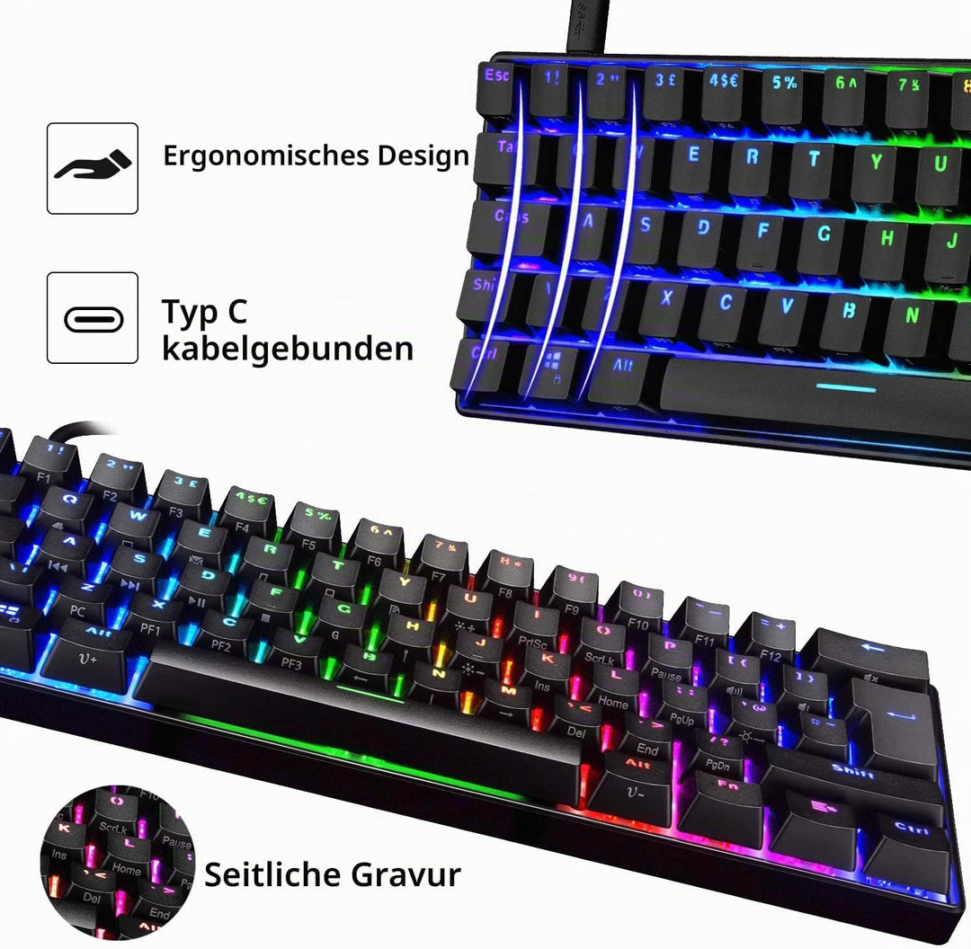 MK21 Gaming-Set: 60% Mechanische Tastatur + 6400 DPI Maus + Mauspad für PS4, Xbox, PC - Schwarz/Brow