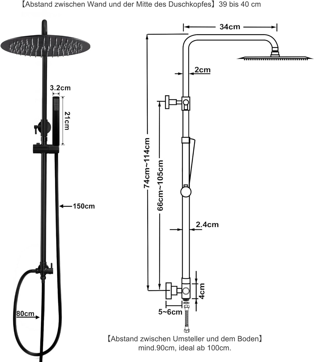 JOHO 304 Edelstahl Duschsystem ohne Armatur, Matt Schwarz Regendusche Duschset mit Wandhalterung, Du