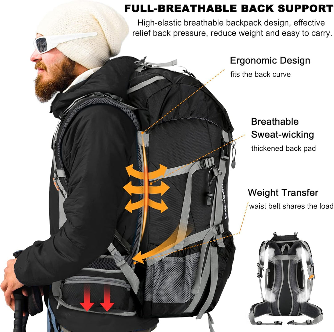 Loowoko 50 l Wanderrucksack, wasserdichte Camping-Essentials-Tasche mit Regenschutz, 45 + 5 Liter le