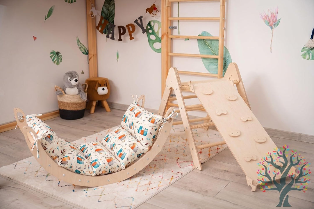 WoodsCraft Kletterbogen mit Kissen - Holz Klettergerüst Indoor - Hypoallergen Kissen für Kletterboge