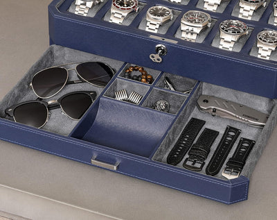 ROTHWELL 12 Slot Leather Watch Box with Valet Drawer - 12 Slot Luxury Watch Case Display Organizer,