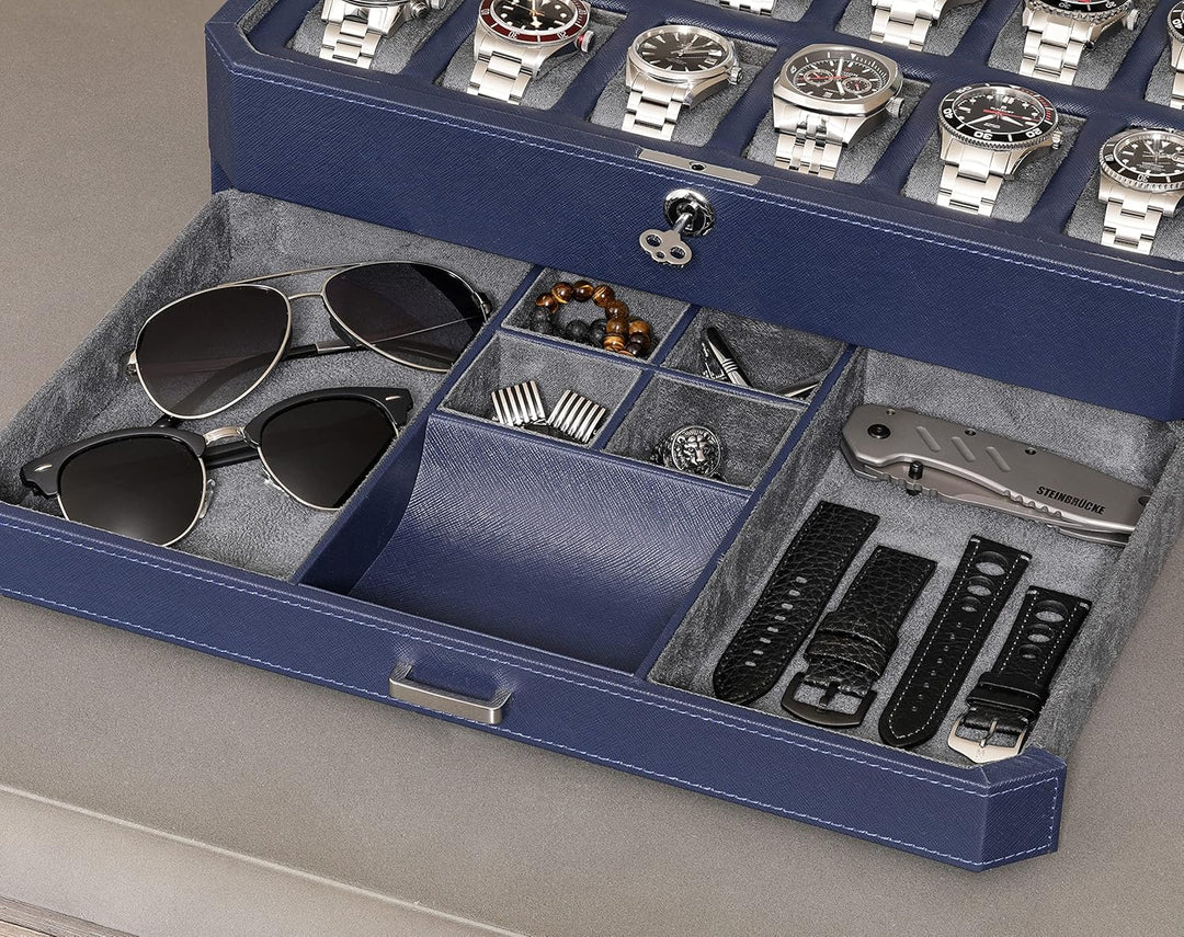ROTHWELL 12 Slot Leather Watch Box with Valet Drawer - 12 Slot Luxury Watch Case Display Organizer,