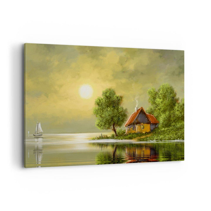 Bilder auf Leinwand 100x70cm Leinwandbild mit Rahmen Boot Wasser Hütte Gross Wanddeko Bild Schlafzim