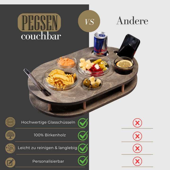 Couchbar Snackbox in grau mit 4 Glasschalen - Sofabar für Snacks und Getränke - Couchtabletts mit Ge