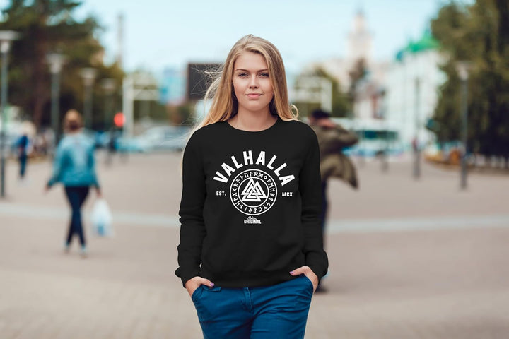 Neverless® Sweatshirt Damen Valhalla Wikinger Motiv Runen Rundhals-Pullover Pulli Sweater schwarz XL