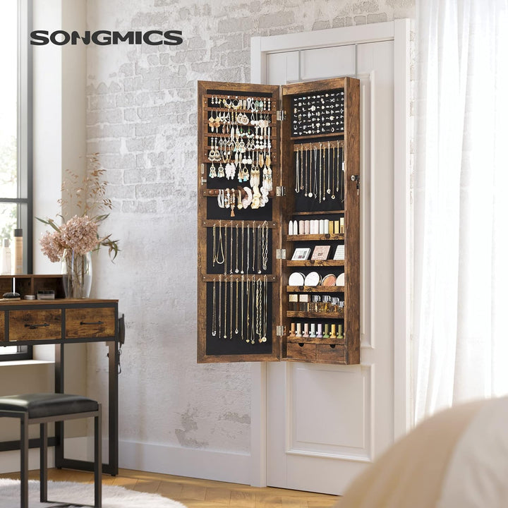SONGMICS Schmuckschrank, Wand-Aufbewahrungsmöbel für Halsketten, Ohrringe, Zubehörschrank, mit Spieg
