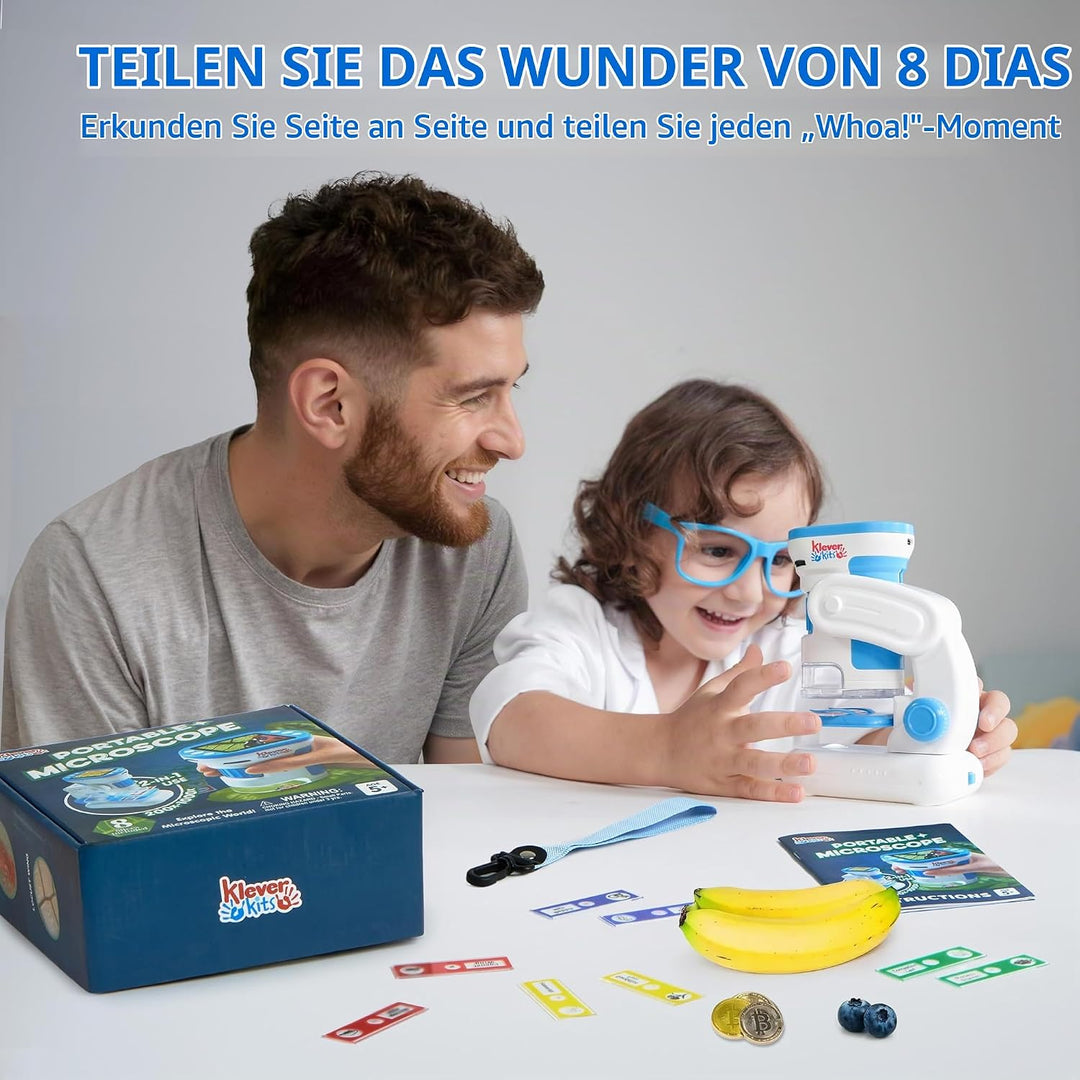 Klever Kits Handmikroskop für Kinder, 2-in-1-Experimentierspielzeug mit tragbarem Mikroskop und 12 O
