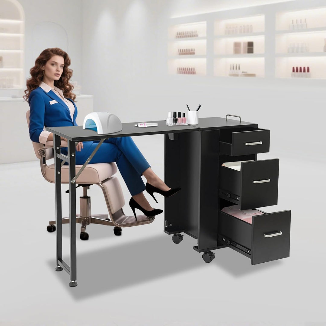 C-Juzarl Faltbar Mobile Rolling Maniküre Tisch mit 3 Schubladen, Make-up-Koffer, Kosmetikkoffer, Wer