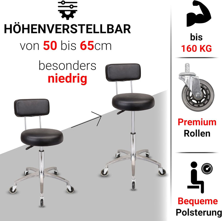 Staboos Rollhocker bis 160 kg - Premium Rundsitz mit Lehne - Praxishocker (Premium Rollen) Drehhocke