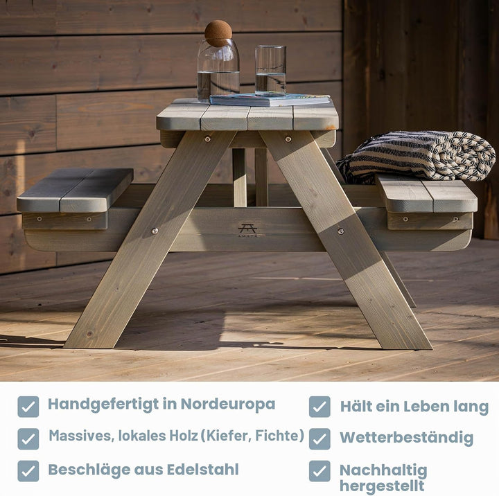 Amata Classic Design Kinder Picknicktisch Mini UNGURS Collection - Wetterfester Picknicktisch aus Ho