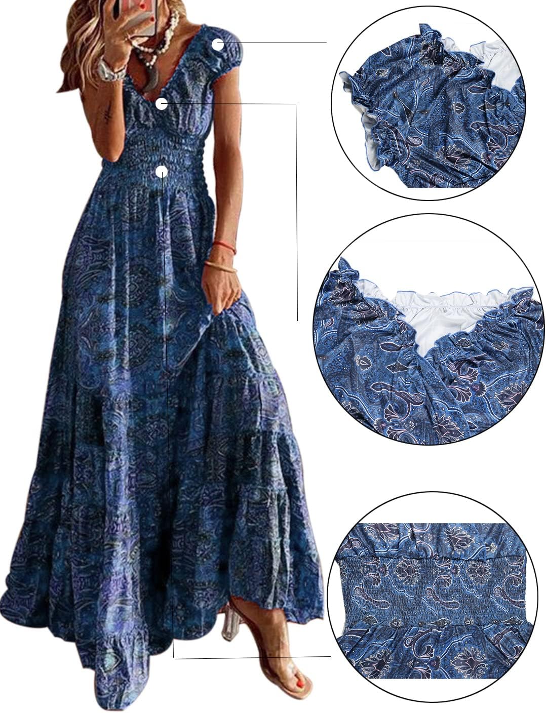 ABYOVRT Sommer Kleider Damen Sommerkleid Boho Lang Kleider Böhmisch Blumen Strandkleid V-Ausschnitt