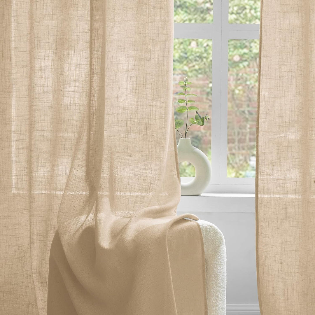 Woaboy Leinen Gardinen Beige Vorhänge Wohnzimmer Halbtransparent mit Ösen Stores Gardine Leinenoptik