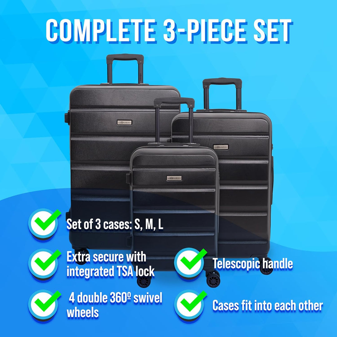 Leonardo® Kofferset 3 teilig | Koffer mit TSA-Schloss | Reisekoffer | Reisetasche mit 4 Doppelten Ro