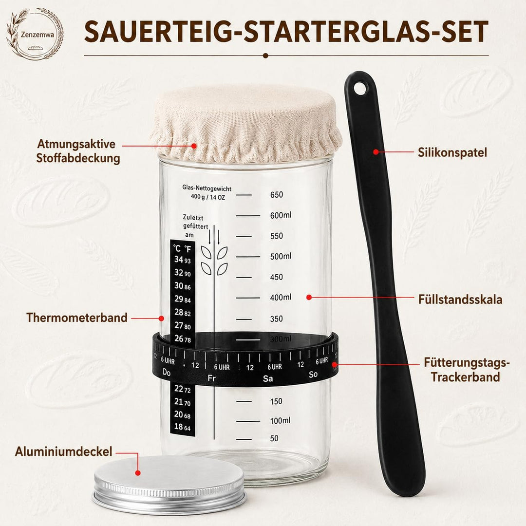 Brot Gärkorb Set, Gärkörbchen zum Brotbacken,2 Gärkorb (25cm Ovale & 23cm Runde), 700ML Sauerteig Gl