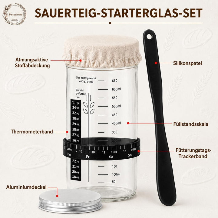 Brot Gärkorb Set, Gärkörbchen zum Brotbacken,2 Gärkorb (25cm Ovale & 23cm Runde), 700ML Sauerteig Gl