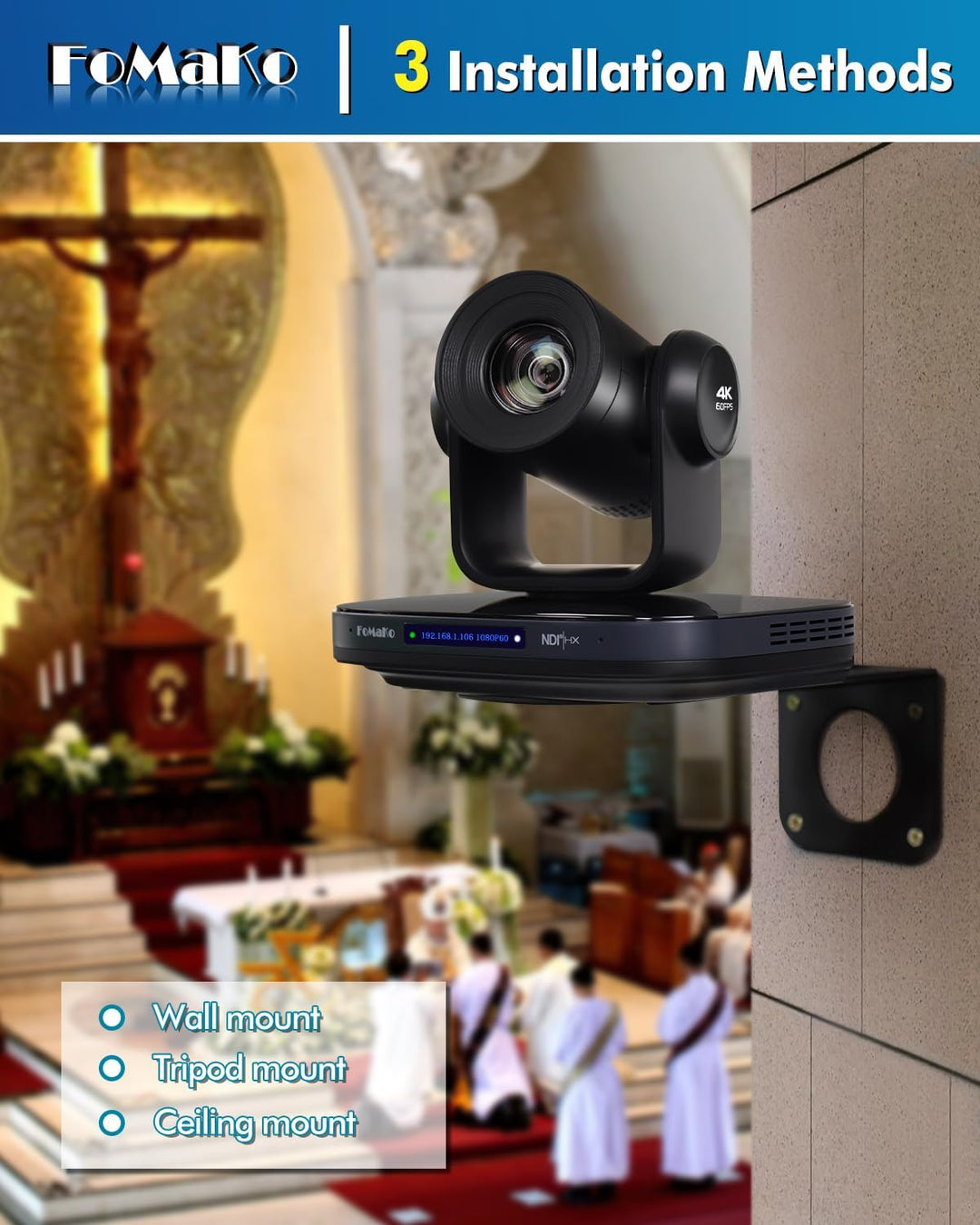 FoMaKo 4K@60fps NDI PTZ Kamera 20x Optischer Zoom, AI Tracking, mit 3G-SDI/USB 3.0/HDMI/IP/PoE, Prof