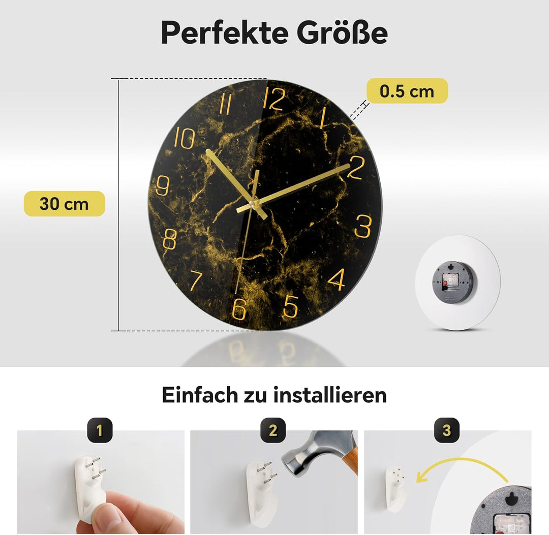 VIKMARI Schwarze moderne Marmor-Textur-Uhr, goldene Zeiger, rustikale Küchendekoration, 30.5 cm, Wan