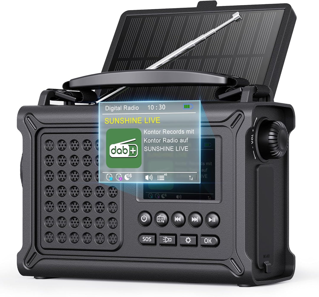 ROCAM Kurbelradio DAB+/UKW, Tragbare Notfallradio 12000mAh mit 8500mm² Solarpanel & 650mA Kurbel, Di
