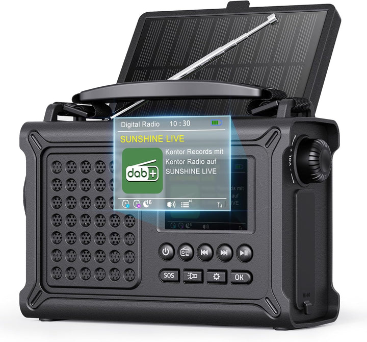 ROCAM Kurbelradio DAB+/UKW, Tragbare Notfallradio 12000mAh mit 8500mm² Solarpanel & 650mA Kurbel, Di