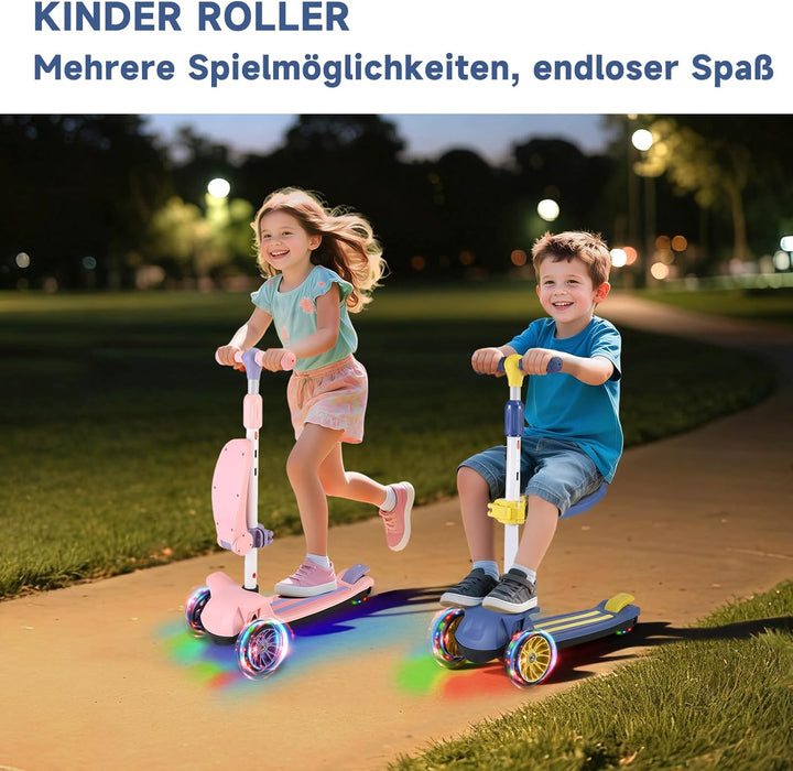Wheelive 2-in-1 Kinder Roller mit Abnehmbarer Sitz, Kinder Scooter mit Blinkenden LED Räder, 4 Höhen