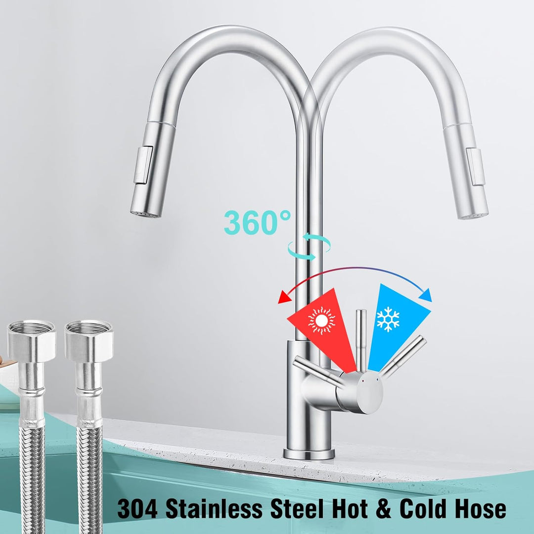 Niederdruck Armatur Küche, 360° Drehung Wasserhahn Küche mit Ausziehbare Brause, Küchenarmatur mit 3