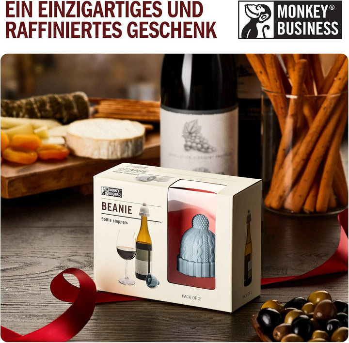 Monkey Business Set aus 2 Weinstopfen für Weinflaschen, Skurriles Weinzubehör, Strickmützen-förmige