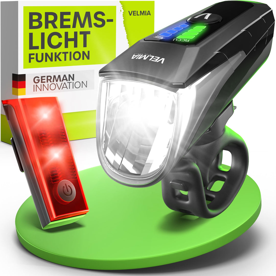 Velmia Fahrradlichter Set StVZO zugelassen mit USB Akku-Betrieb und 8,5h Leuchtdauer I LED Fahrradli