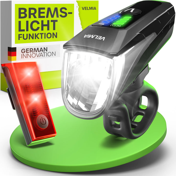 Velmia Fahrradlichter Set StVZO zugelassen mit USB Akku-Betrieb und 8,5h Leuchtdauer I LED Fahrradli
