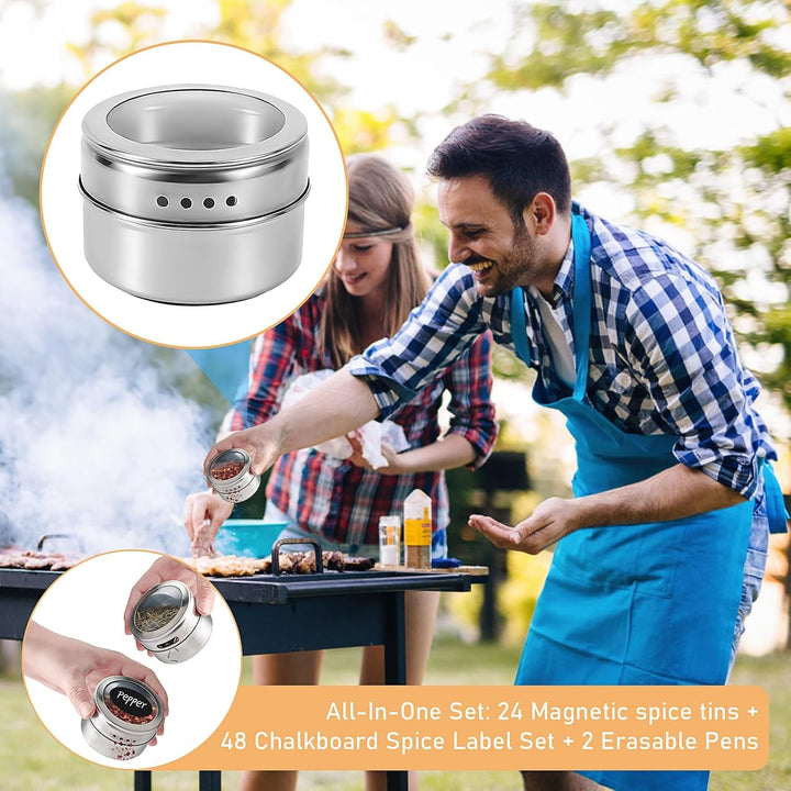 24 Stück Edelstahl Magnetische Gewürzdosen mit Deckeln, Magnet Gewürz Aufbewahrung Dosen Set mit 48
