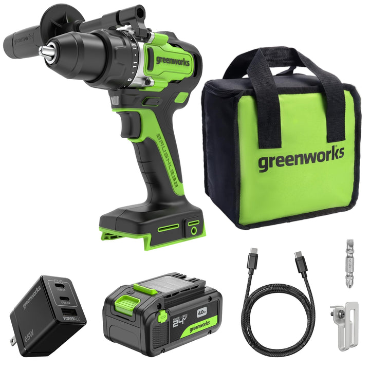 Greenworks 24V Bürstenloser Akku-Bohrschrauber 90 Nm, 21 Stufen, mit 4.0Ah USB-C Akku (24.000 mAh Po