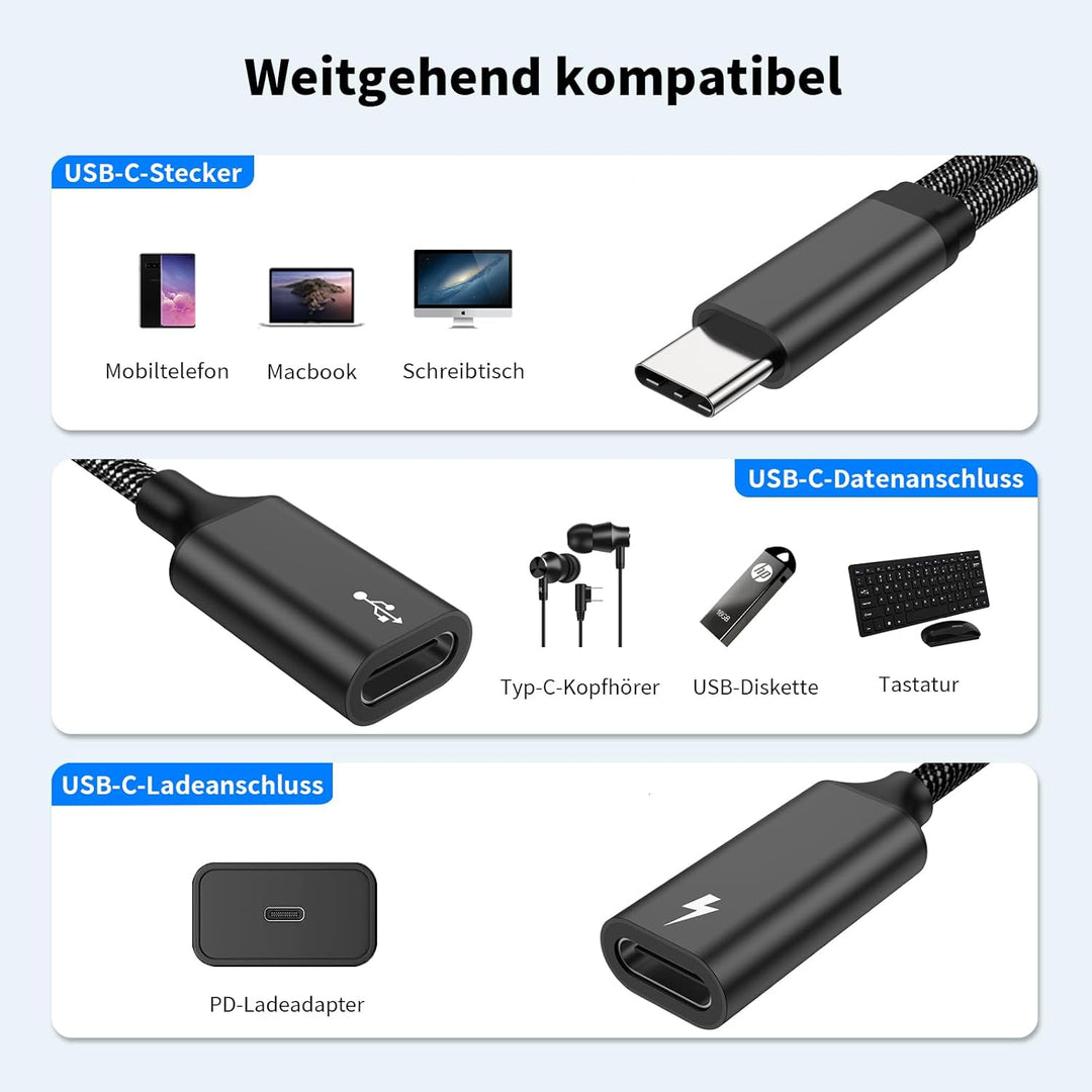 MOGOOD USB-C Splitter 1 auf 2,60W PD,480Mbps, Dual USB-C,2er Set schwarz | Nylon Kabel, kompatibel m