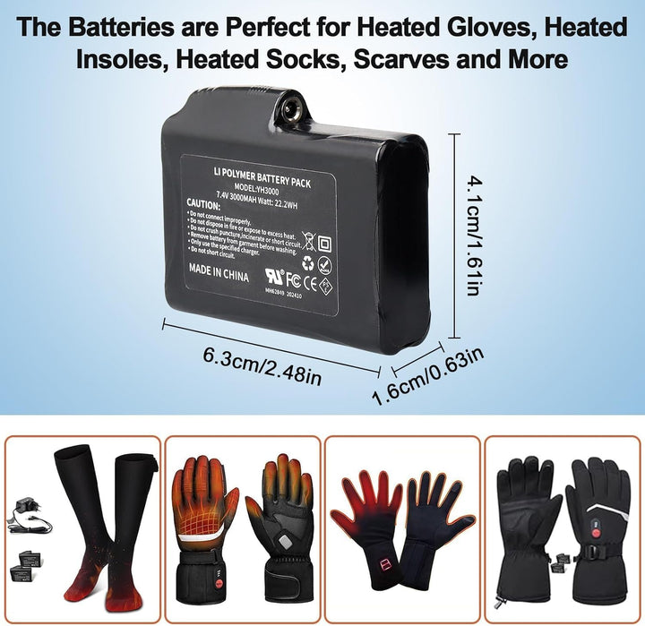 2 Stück 7,4 V 3000 mAh 22,2 Wh Li-Polymer-Akku für b-eheizte Handschuhe, Socken, Mützen, be-heizte S