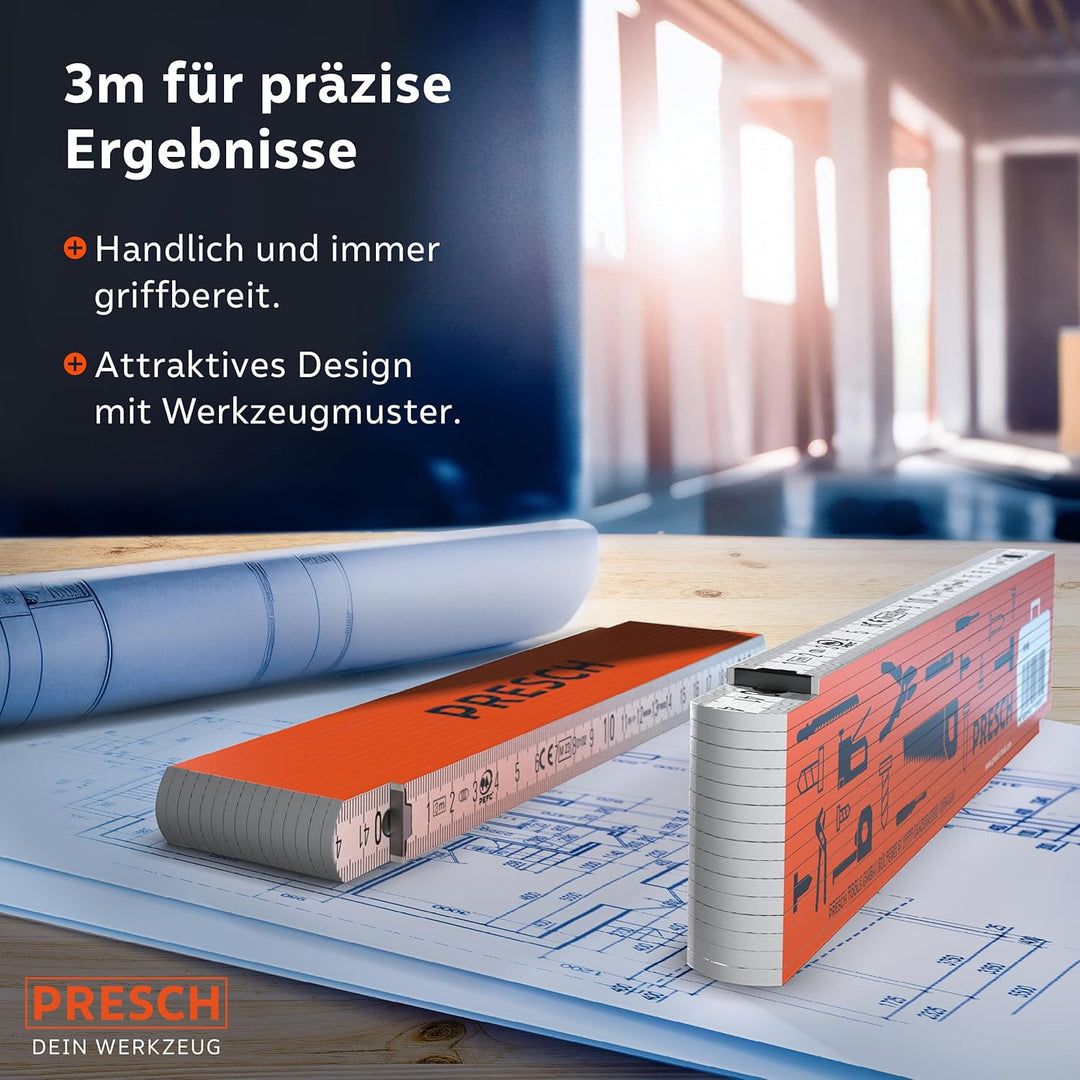 Presch Zollstock 3m mit Winkelfunktion - Holz - Orange - Grosse & sehr gut lesbare Zahlen - Exaktes