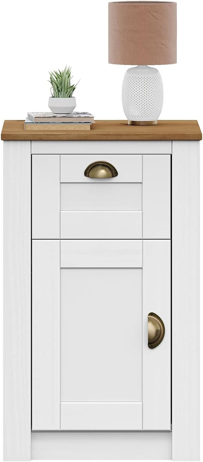 IDIMEX Nachttisch Bolton aus Holz in weiss/braun mit 1 Schublade und Tür Nachtkommode mit Muschelgri