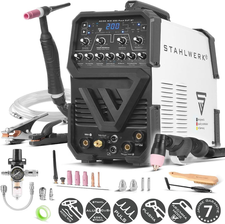 STAHLWERK Schutzgasschweissgerät 3-in-1 AC/DC WIG 200 Puls CUT ST bis 200 A | WIG & MMA, Plasmaschne