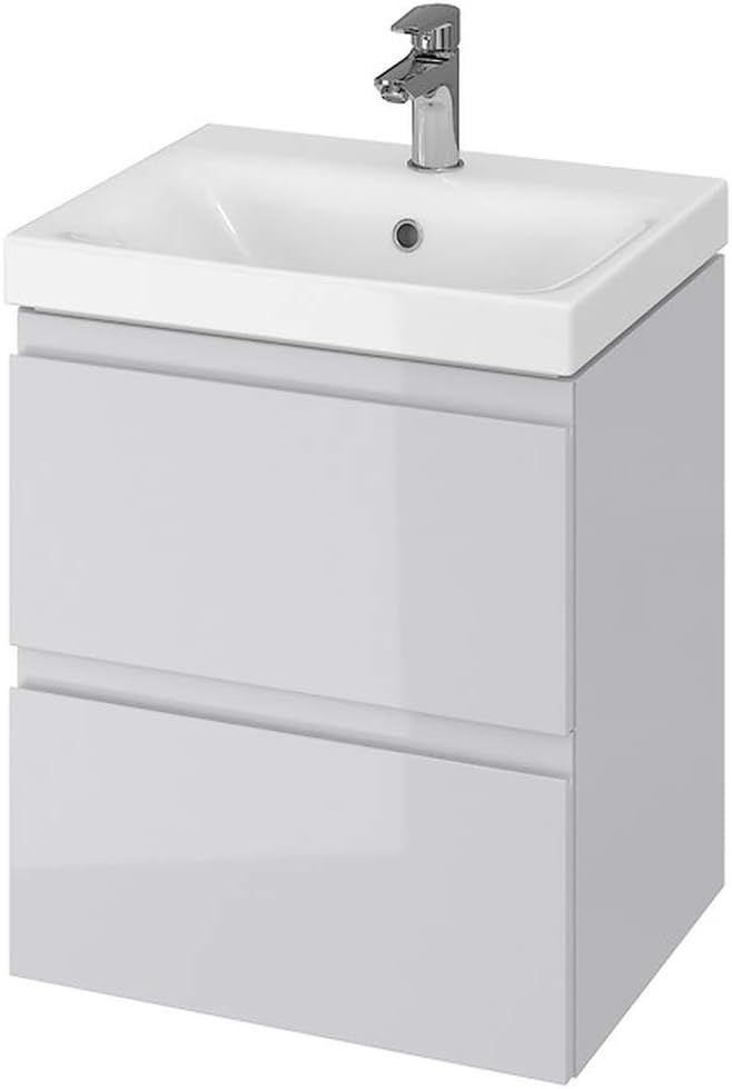 VBChome Badmöbel GRAU 50 x 40 cm Set Hochglanz Slim Waschbecken mit Unterschrank Waschtisch 2-Schubl