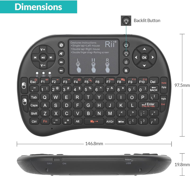 Rii Mini i8+ Wireless (QWERTY US Layout) - Mini Beleuchtete Tastatur mit Multi-Touch Maus-Pad für Sm