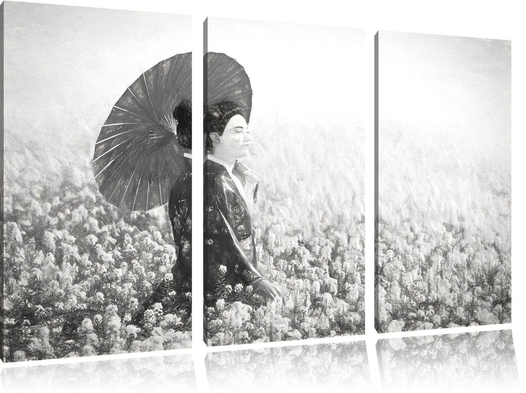 Pixxprint Geisha auf dem Feld Kunst Kohle Effekt 3-Teiler Leinwandbild 120x80 Bild auf Leinwand