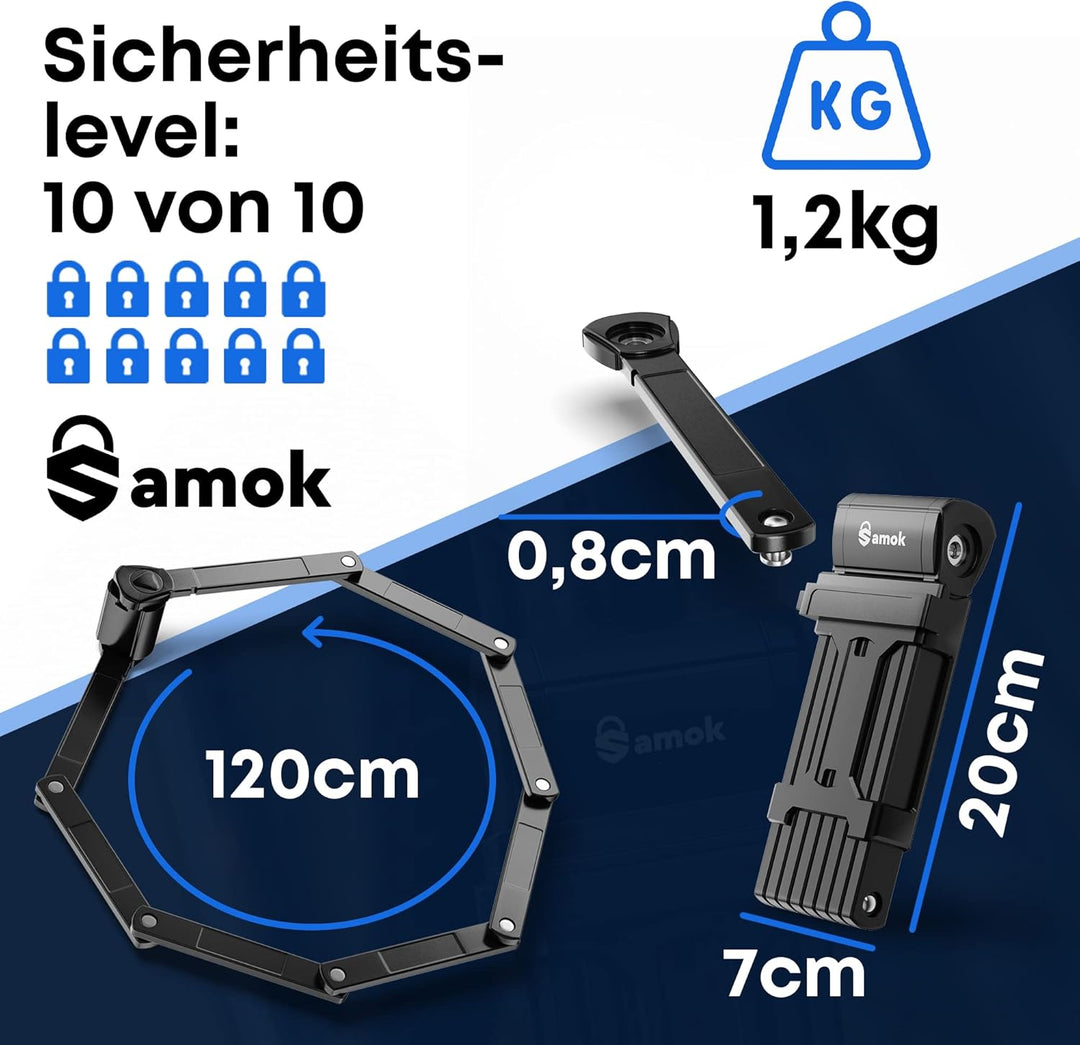 Samok Fahrradschloss Faltschloss 120cm - Faltschloss Fahrrad inkl. Halterung &amp; Zubehör - Extrem sich