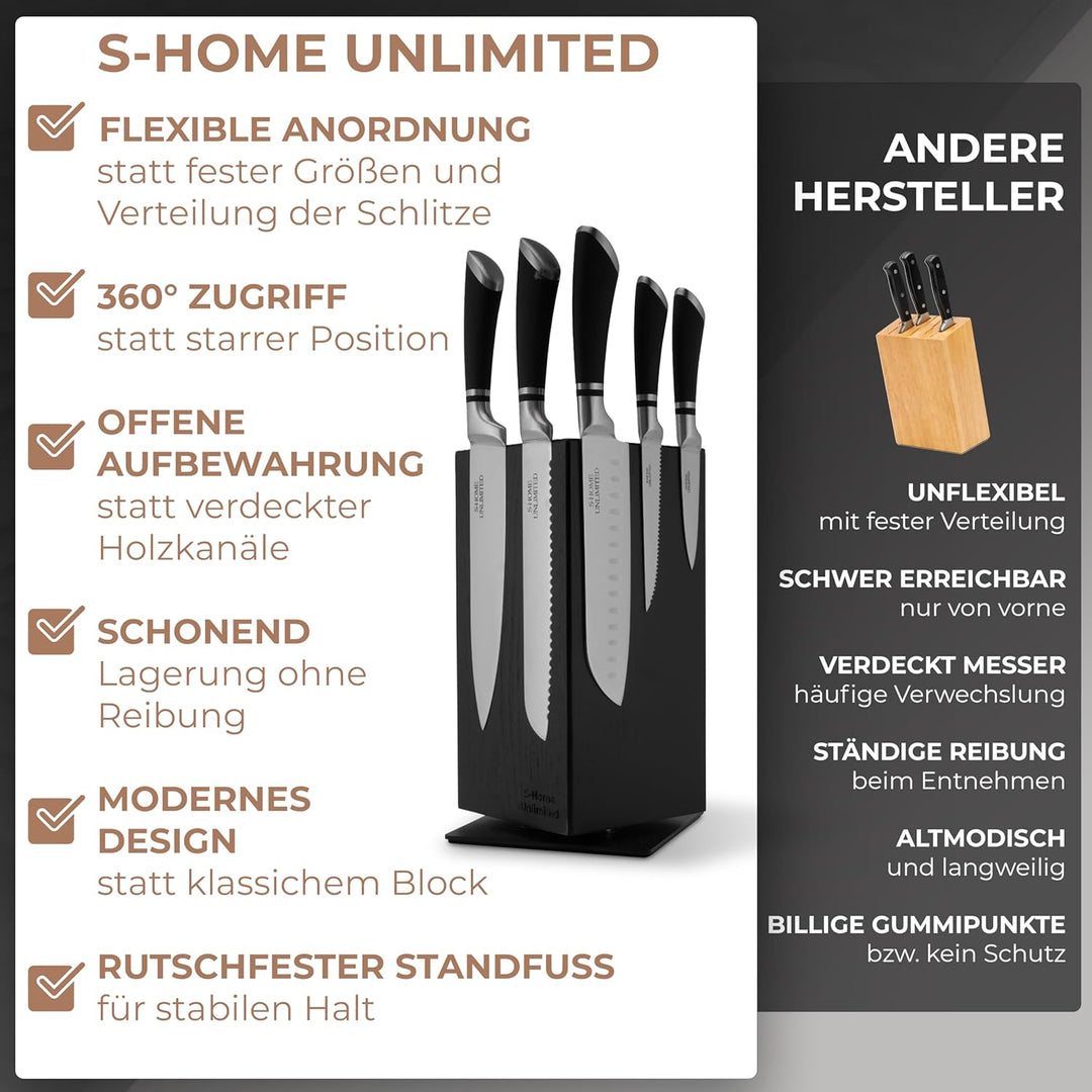 Magnetischer Messerblock ohne Messer | 360° drehbar | Massiver Holzblock in Schwarz mit sichtbarer M