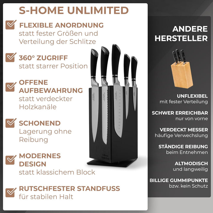 Magnetischer Messerblock ohne Messer | 360° drehbar | Massiver Holzblock in Schwarz mit sichtbarer M