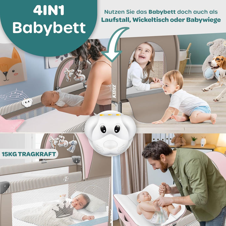 Kidiz® Babybett Reisebett Kinderreisebett klappbar mit Matratze & Räder 120x60, Seiteneingang, Wicke