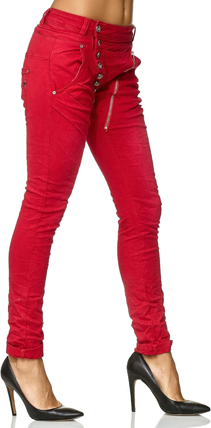 Elara Damen Jeans Boyfriend Knopfleiste Chunkyrayan 34 Slim Rot Lissabon, 34 Slim Rot Lissabon