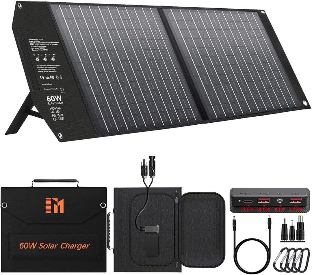 Mesuvida 60W Solarpanel Faltbar mit 5 Anschlüssen, 18V MC4 höhere Leistung / 12 V DC/QC 3.0 USB-A un
