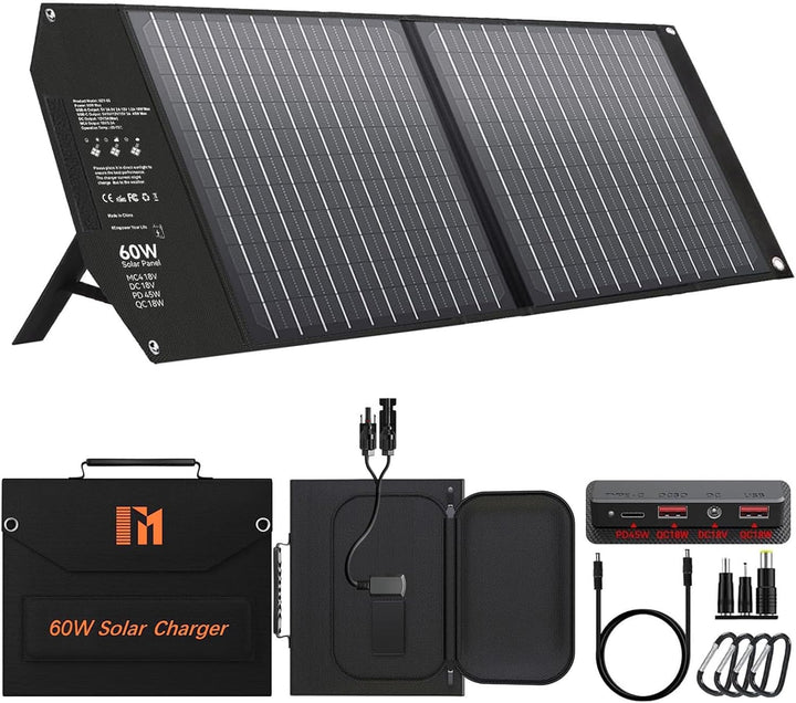 Mesuvida 60W Solarpanel Faltbar mit 5 Anschlüssen, 18V MC4 höhere Leistung / 12 V DC/QC 3.0 USB-A un