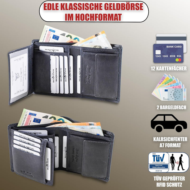 MATADOR Leder Portemonnaie Herren #VIGO mit edler Geschenk Box, Elegante RFID Geldbörse, Luxus Portm