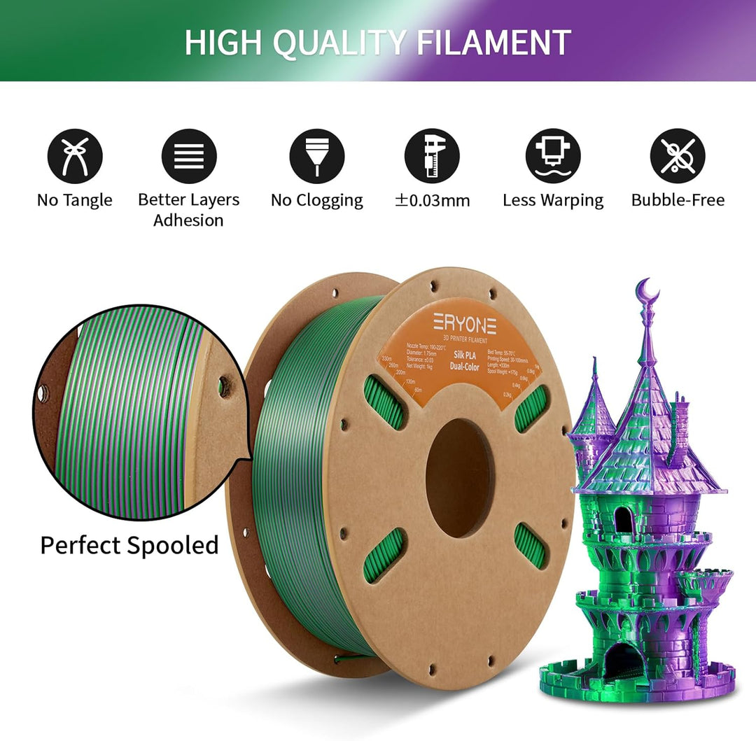 ERYONE Dual Seiden PLA Filament 1.75mm,Co-Extrucsion PLA Seiden Filament für 3D Drucker +/- 0,03 mm,