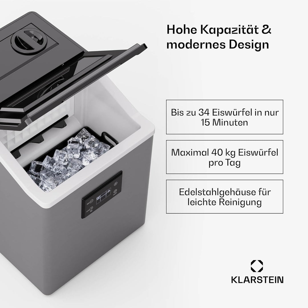 Klarstein FrostMaster Eiswürfelmaschine - 40 kg/Tag, 34 Eiswürfel in 15 Min, Edelstahl, LED-Bedienfe