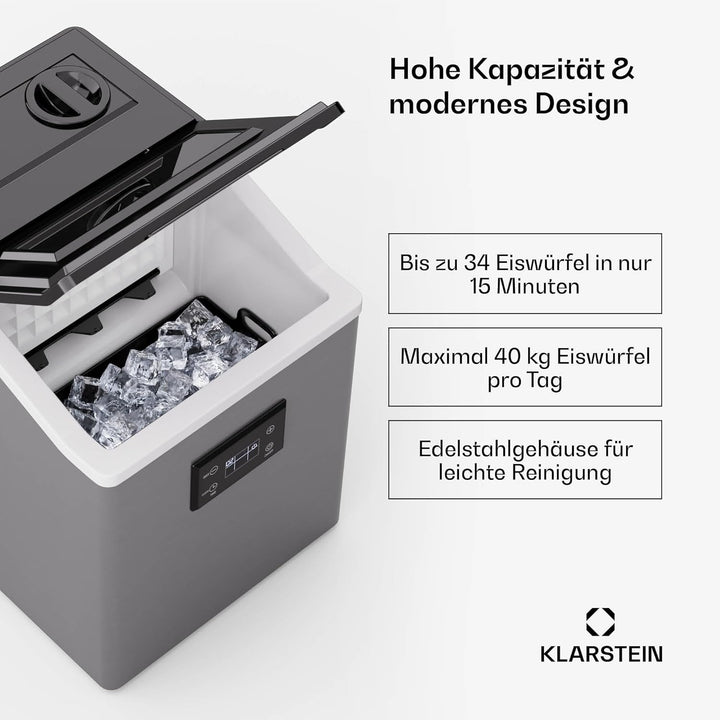 Klarstein FrostMaster Eiswürfelmaschine - 40 kg/Tag, 34 Eiswürfel in 15 Min, Edelstahl, LED-Bedienfe