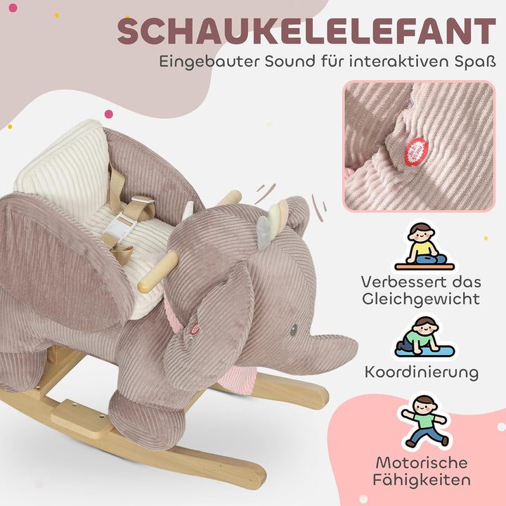 AIYAPLAY Schaukeltier, Elefant-Schaukel, interaktive Tiergeräusche, weiche Füllung, Holzrahmen, Sich